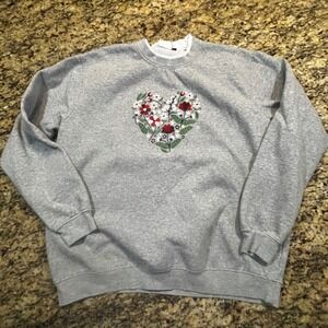 King Universal Womens XL Gray Floral Heart Embroidered Rhinestone Sweatshirt